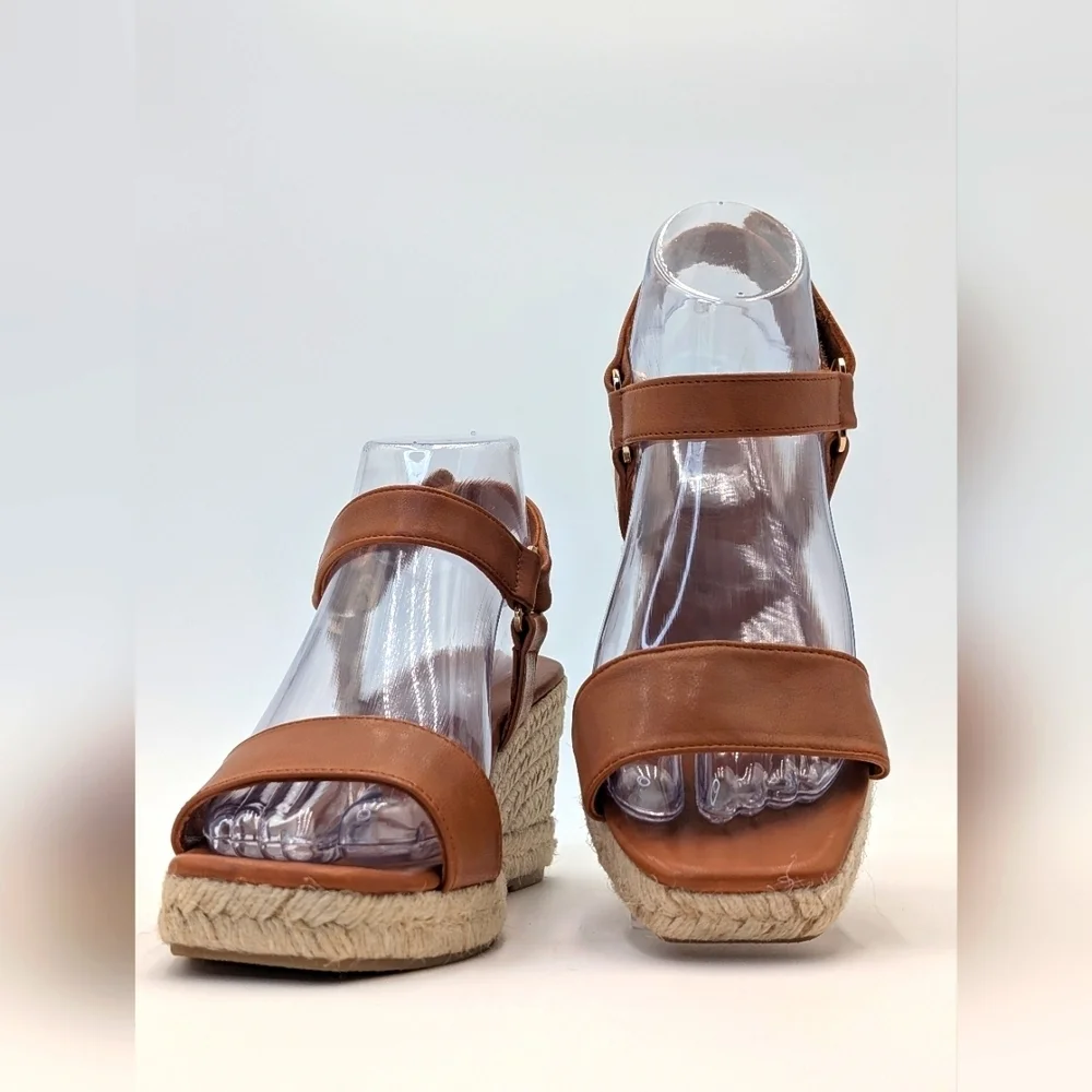 NEW Jutelia Made In Spain Brown Leather Espadrilles Raffia Braided Wedge Sz 7.5